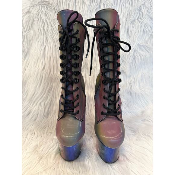 PLEASER Adore Chromatic Reflective Rainbow Platform Stiletto Heels Lace-Up Boots - Picture 6 of 15